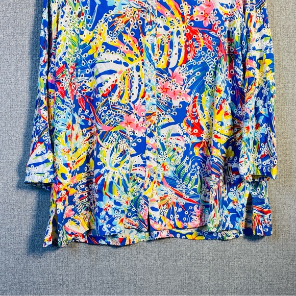 John Mark XL Multicolor Floral Embroidered Eyelet Roll Tab Sleeve Button Down - Picture 3 of 8